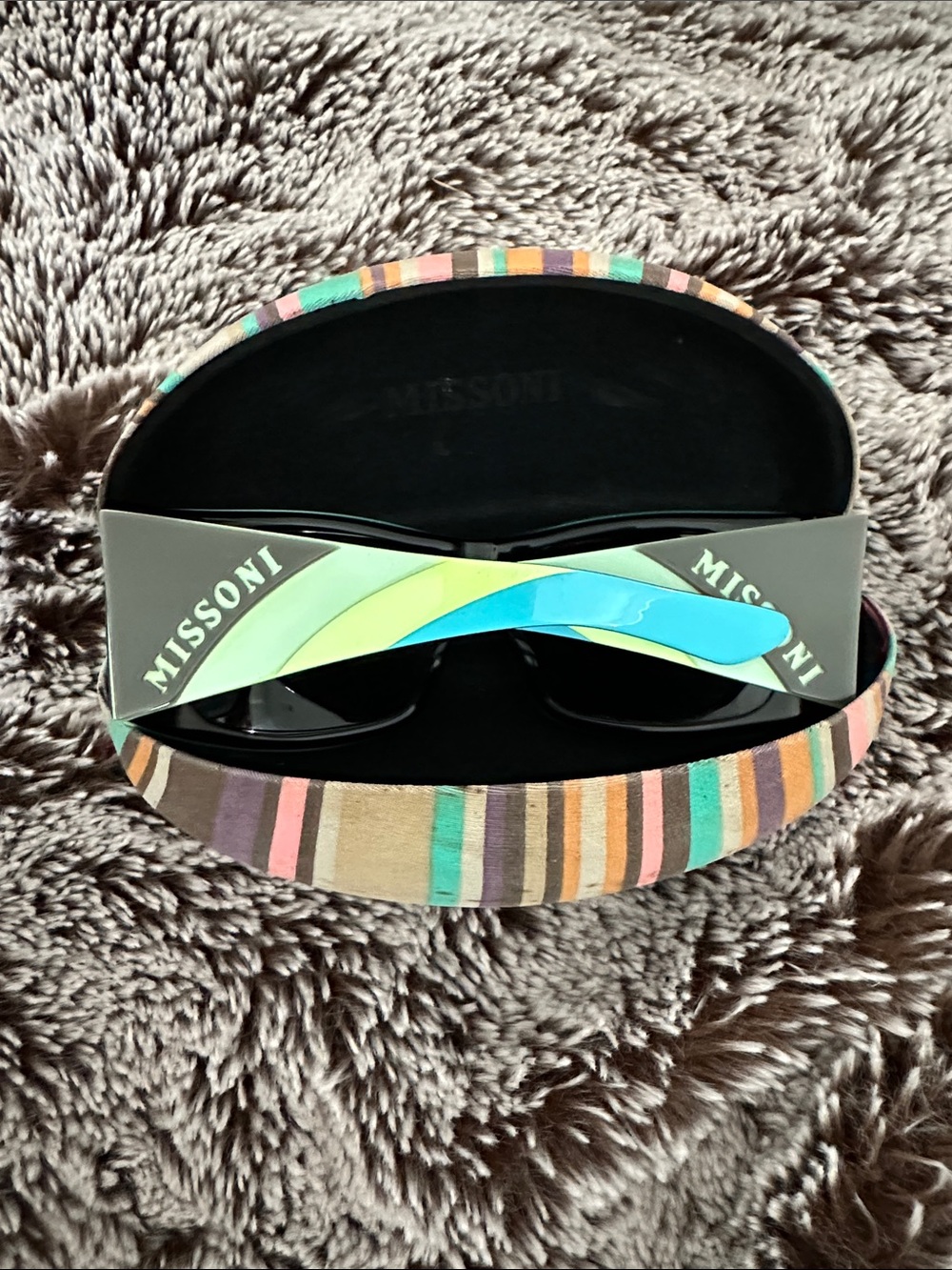 Missoni Black Sunglasses with Multicolor Stripe Hard Case